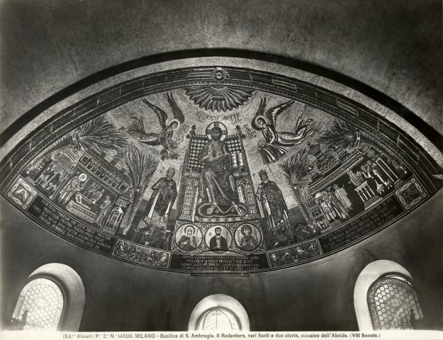 Alinari, Fratelli — Milano - Basilica di S. Ambrogio. Il Redentore, vari Santi e due storie, musaico dell'Abside. (VIII Secolo). — insieme